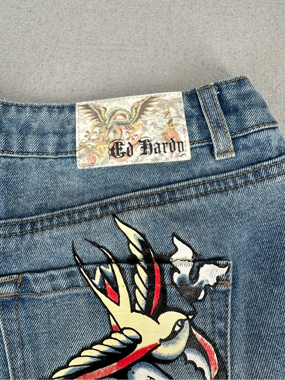 Ed Hardy. "Born Free" swallow graphic denim cut-off shorts - Picture 5 of 8